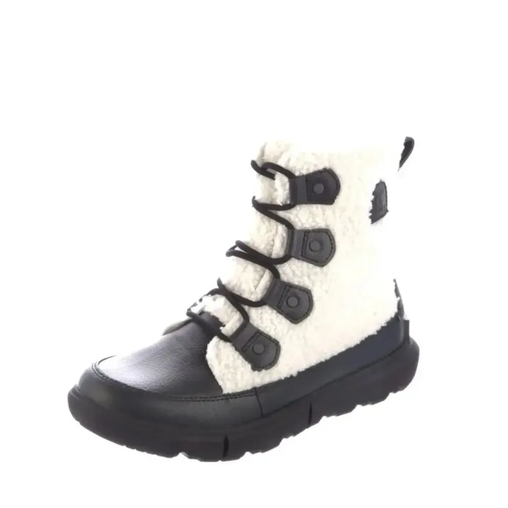 Sorel 7.5 Explorer Joan $140 Fuzzy Faux Fur Winter Boot Waterproof White Black